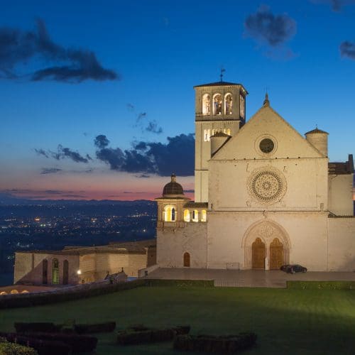 The Papal Basilica of St. Francis of Assisi at sunset (Assisi, Umbria, Italy)