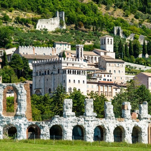 View of Gubbio with roman theatre in Umbria, Italy