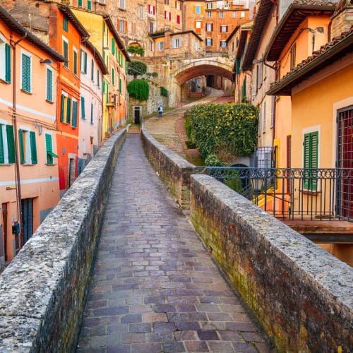 Perugia, Italy on the medieval Aqueduct Street in the morning.