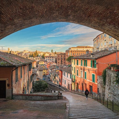 Perugia, Italy on the medieval Aqueduct Street in the morning.